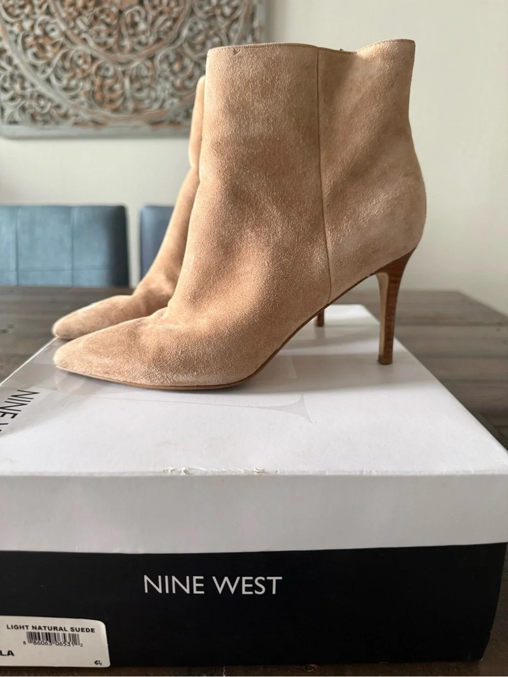 Nine West Fhayla Pointy Toe Booties - Light Natural Suede - Sz 6